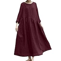 Cotton Linen Women Maxi Dress Casual Loose Buttons O Neck Long Sleeve Pockets Baggy Dresses Vintage Boho Robe