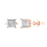 2.0 ct Princess Cut Solitaire White Sapphire Pair of Stud Everyday Earrings 18K Pink Rose Gold Butterfly Push Back