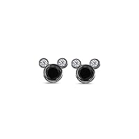 Mickey Mouse Created Round Cut Black & White Gemstone 925 Sterling Silver Stud Earrings 14K Black Gold Over For Women'S & Girl's