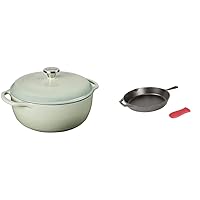 Lodge EC6D50 Cast Iron Enameled Dutch Oven, 6 Qt, Desert Sage & Cast Iron Skillet with Red Silicone Hot Handle Holder, 12-inch