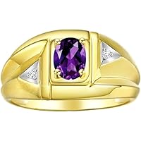 Rylos Yellow Gold Plated Silver Classic 6X4MM Oval Amethyst & Sparkling Diamond Ring - Birthstone Jewelry for Men. -Size 8