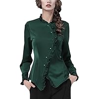Asymmetric Ruffles Womens Shirt Solid Satin Top Autumn Long Sleeve Chic Cinched Waist Office Ladies Blouses