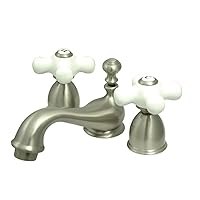 Kingston Brass KS3958PX Restoration Mini Widespread Lavatory Faucet with Porcelain Cross Handle, Satin Nickel, 4-Inch Adjustable Center