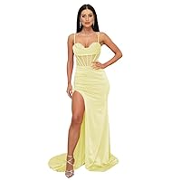 Mermaid Long Spaghetti Straps Prom Dresses Women Cowl Neck Corset Satin Formal Evening Gown with Slit EDE001
