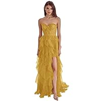 Sweetheart Tulle Prom Dresses Ruffles Strapless Side Slit Cocktail Gowns with Train Party Evening Dress