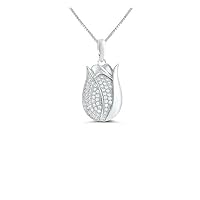 Created Round Cut White Diamond 925 Sterling Silver 14K White Gold Finish Diamond Tulip Flower Pendant Necklace for Women's & Girl's