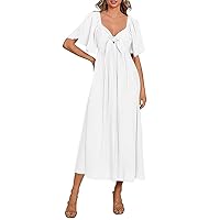 Women's Summer Dresses Short Sleeve Elegant V Neck Maxi Casual Flowy Bow Tie Beach Dress