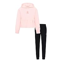 Skechers Girls Fleece Set with Legging Bottom - Long Sleeve Hooded Top with Ruffle Detail or Tonal Velvet Applique - Cozy and Stylish Activewear for Girls Light Coral/Black, 6X