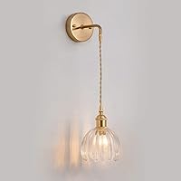 Mid Century Modern Wall Light Fixture Minimalist Transparent Flower Glass Lampshade Wall Mounted Sconce with Adjustable Cord Gold, Brass Round Wall Reading Lamp