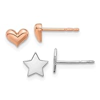 14k White Gold Star and Rose Gold Love Heart Post Earrings Set Jewelry for Women