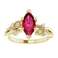 1.5 CT Twig Leaf Marquise Ruby Ring 14k Yellow Gold, Nature Inspired Red Ruby Engagement Ring, Branch Genuine Ruby Diamond Ring, Woodland Ruby Ring