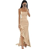 YUAOHUANG Satin Silk Bridesmaid Dresses for Women 2024 Ruffle Hem Prom Dress Long with Slit Formal Evening Party Gowns