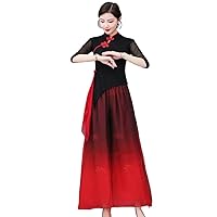 Traditional Chinese mesh Qipao topspants Set National Gradient Color Dance Costume Dress