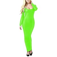 Scoop Neck Long Dress Ladies Sexy PU Leather Dress Crew Neck Long Sleeve Slim Fit Maxi Dress Faux Latex Leather Bodycon Dress