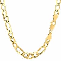 10k REAL Yellow Gold 3.5mm, 4.6mm, 5.4mm, Or 6.5mm Shiny Diamond-Cut Alternate Classic Mens Hollow Figaro Chain Necklace for Pendants and Charms with Lobster-Claw Clasp (7