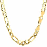 14k REAL Yellow Gold 3.5mm, 4.6mm, 5.4mm, Or 6.5mm Shiny Diamond-Cut Alternate Classic Mens Hollow Figaro Chain Necklace for Pendants and Charms with Lobster-Claw Clasp (7