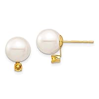 14k Gold 8 8.5mm White Round Freshwater Cultured Pearl Citrine Post Earrings Measures 11.3mm long Jewelry Gifts for Women