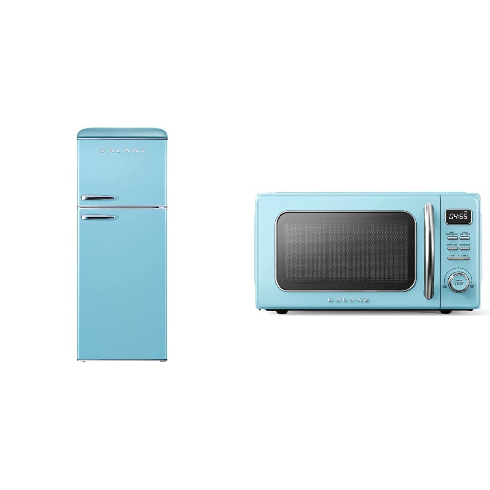 Galanz GLR10TBEEFR True Top Freezer Retro Refrigerator Frost Free, Dual Door Fridge, Electrical Thermostat Control, Blue, 10.0 Cu Ft & GLCMKZ11BER10 Retro Countertop Microwave Oven, 1.1 cu ft, Blue