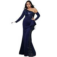 Blue Size Wedding Party Dress Elegant One Shoulder Long Sleeves Mesh Sequin Draped Evening Prom Dresses