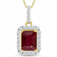 3.50Ct Emerald Cut Red Ruby Diamond Halo Pendant Necklace 14k Yellow Gold Plated