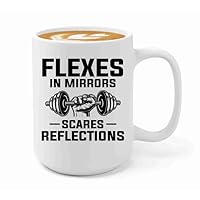 Body Builder Coffee Mug 15oz White -Flexes in mirrors - Workout Muscle Pumping Exercise Fitness Bodybuilder Weightlifting Gymnastics Instructor Cardio Trainer