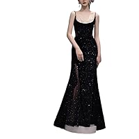 Women's Solid U-Neck Sleeveless Off Shoulder Backless Straps Dress Formal Party Evening Dress (Color : Black, Size : Small)