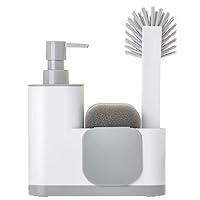 Rengo Monobloc 4-piece Sink Caddy Set, Includes Scrub Brush, Two-sided Sponge, Soap Dispenser and Scraper, White/Grey