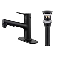 Bathroom Sink Faucet with Pull Out Sprayer,Brass Single Handle Black Bathroom Basin Faucet with Bathroom Sink Drain Detachable Strainer Basket