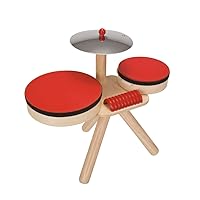 PlanToys Musical Band Toddler Drum Set Sustainably-Made with 2 Different-Sized Drums, Pair of Rubber-Coated Drumsticks, Cymbal, and Guiro to Explore Creativity
