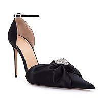 Vertundy Women's Heart Rhinestone Pumps - Ankle Strap Closed Pointed Toe Stiletto High Heels Satin Draped Fashion Dress Shoes for Party Wedding