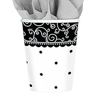 Classic Black and White Wedding Party Paper Cups Hot and Cold Beverage Drinks Disposable Drinkware, 9 oz., Pack of 8.