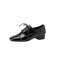 TinaCus Women's Genuine Leather Handmade Lace-Up Square Toe Low Heel Oxford Shoes