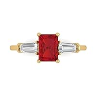 2.0 carat Emerald cut 3 stone Solitaire W/Accent Genuine Simulated Ruby Wedding Anniversary Bridal Ring 18K Yellow Gold