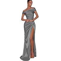 Off Shoulder Bridesmaid Dresses 2024 Satin Prom Dresses Long Mermaid Formal Party Dress with Slit UU08