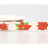 16mm Reel Chic Poinsettia Christmas Print Grosgrain Ribbon Cream, Red & Green - per metre