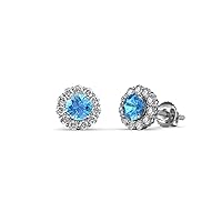 Round Blue Topaz Diamond 3/4 ctw Womens Halo Stud Earrings 14K Gold