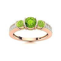 Peridot Bezel Set Round Three Stone Ring With Side Accents | Sterling Silver 925 With Rose Gold Plated | Beautiful Elegent Three Stone Ring.