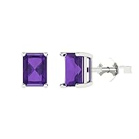 1.0 ct Emerald Cut Solitaire Natural Purple Amethyst Pair of Stud Everyday Earrings Solid 18K White Gold Butterfly Push Back