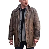LP-FACON Men's Distressed Brown Genuine Leather Trench Coat - Dean Winchester 3/4 Mid Length Vintage Leather Blazer Jacket