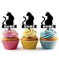 TA0823 Sitting Cat Back Silhouette Party Wedding Birthday Acrylic Cupcake Toppers Decor 10 pcs with Personalized Your Name