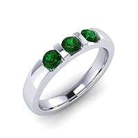 Sterling Silver 925 Emerald Round 4.00mm Three Stone Ring With Rhodium Plated | Beautiful Evergreen Design Ring For Everyday Accessories