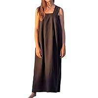 Women's Sleeveless Long Dress, French Design Loose Linen Square Neck Strap Dress, Beach Style Party Skirt