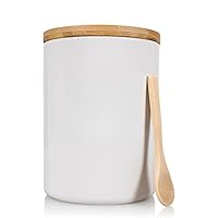 White Ceramic Storage Jar Canister - Airtight Bamboo Lid w/Silicone Seal, Spoon - Modern Abstract Art Design for Kitchen Counter or Bathroom - Flour Sugar Coffee - 4 cup / 1080mL