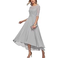 Women's Chiffon Dress Mother of The Bride Dress 3/4 Sleeve Tea Longth Lace Formal Long Evening Gown