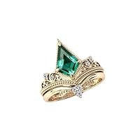 Vintage Kite Shape 1 CT Emerald Engagement Ring Set 14k Gold Green Gemstone Wedding Ring Set Antique Leaf Wedding Band Art Deco Anniversary