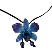 NOVICA Artisan Handmade Natural Orchid Sodalite Long Necklace Flower Lariat Leaf Leather Blue Thailand Floral 'Midnight Blue'