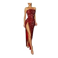 Womens Sequin Off Shoulder High Split Sleeveless Long Party Evening Gowns (Color : Wine, Size : Large)
