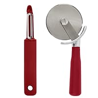 Gorilla Grip Swivel Vegetable Peeler and Pizza Cutter Wheel, Peeler is Dishwasher Safe,Pizza Cutter is Rust Resistant, Both in Red Color, 2 Item Bundle