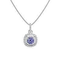 1.10 ctw Cushion Shape Created Tanzanite & Cubic Zirconia 925 Sterling Sliver Halo Pendant Necklace Gifts for Women's/Girls 14K Gold Plated