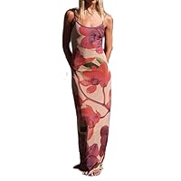 Women Y2K Floral Bodycon Maxi Dress Flower Print Cami Dress Sheer Mesh Backless Slip Dress Summer Beachwear